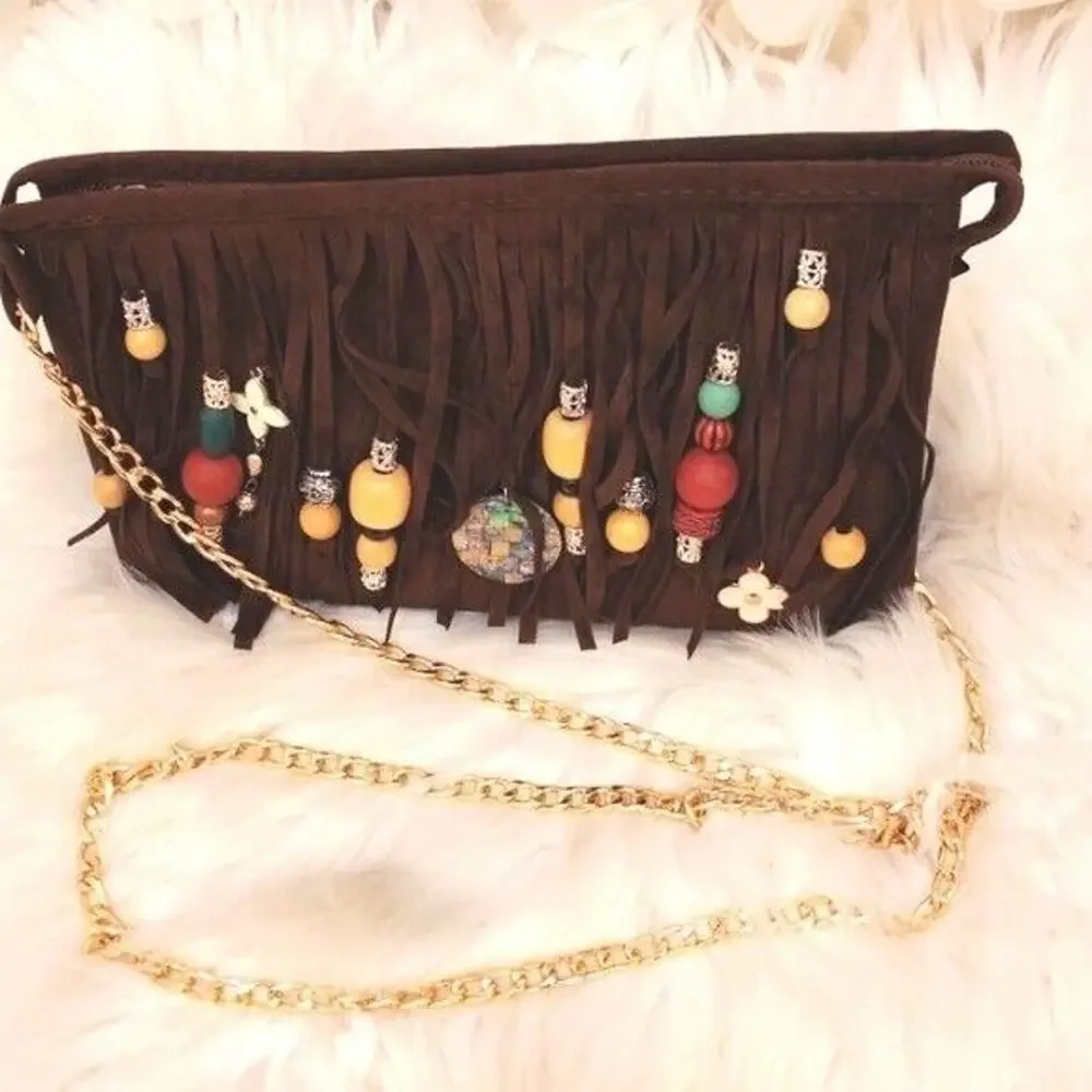 CROSSBODY BROWN Fringed Purse BOHEMIAN Luxury Gold Chain Charms Flower Gypsy NEW